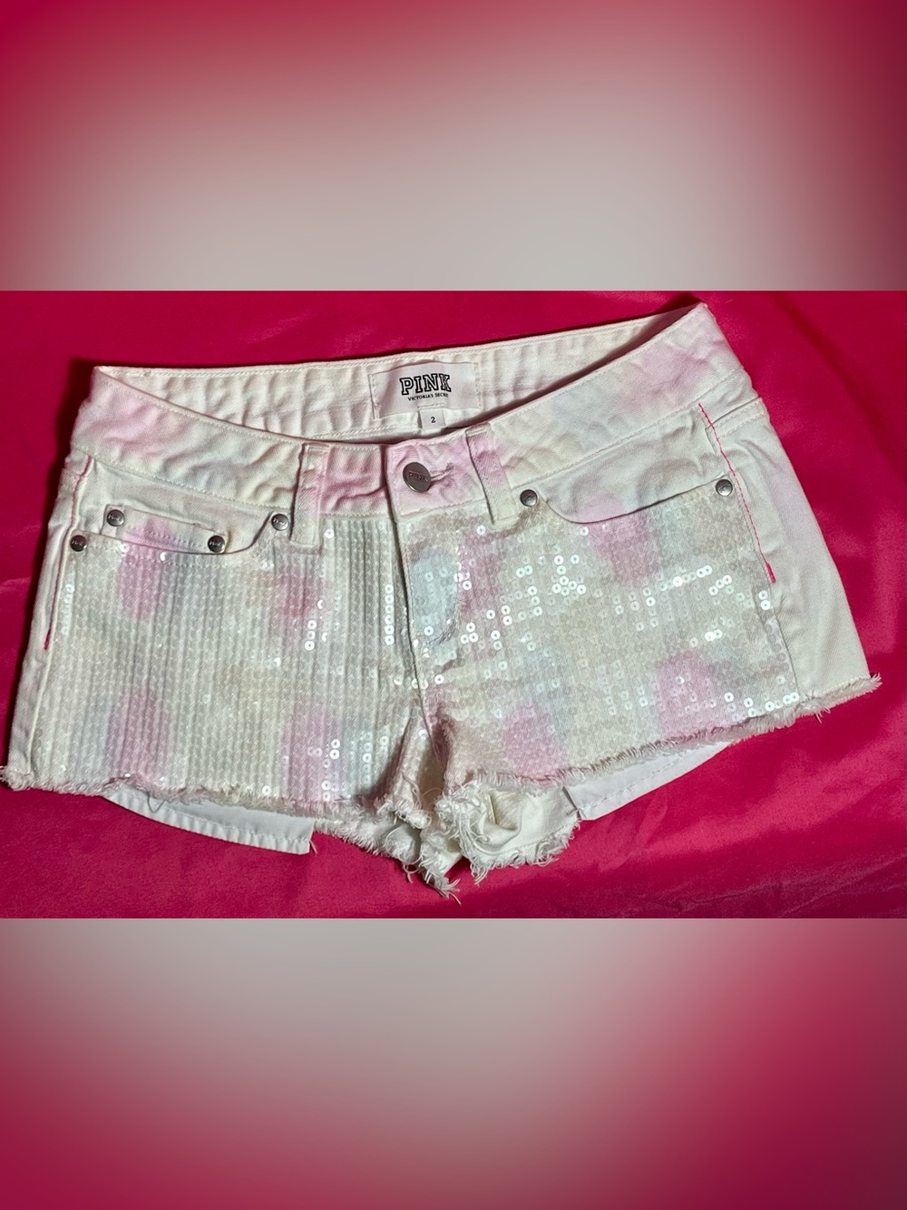 PINK Victoria's Secret White and Pink Sequin Tie-Dye Denim Shorts
